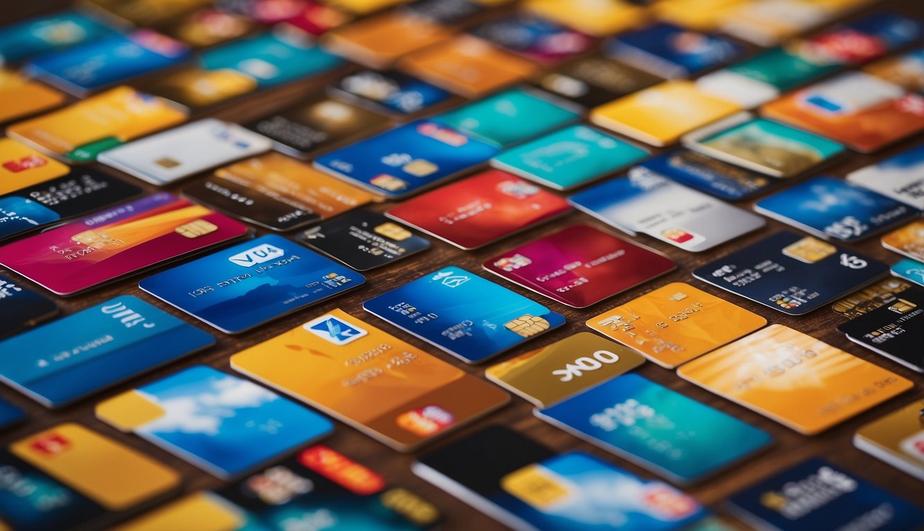 A colorful array of credit cards with travel-themed designs and cashback logos, set against a backdrop of iconic global landmarks