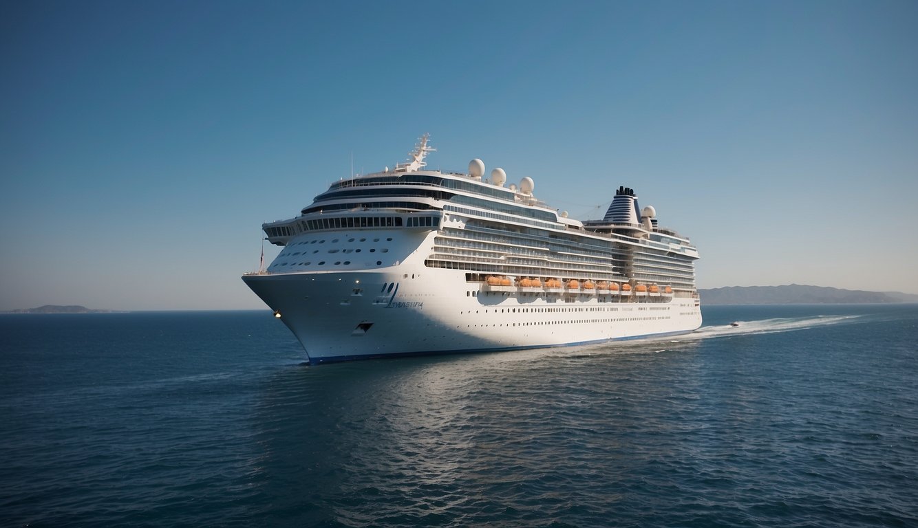 A cruise ship sailing on calm waters with a clear blue sky, surrounded by other ships and a picturesque coastline in the distance