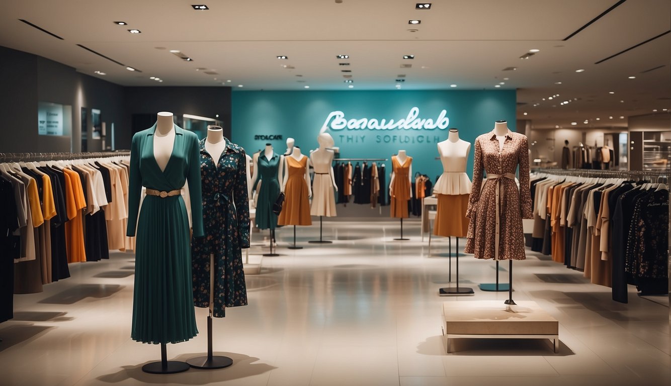 A vibrant fashion store with multiple clothing racks, trendy mannequins, and a sleek cashback sign