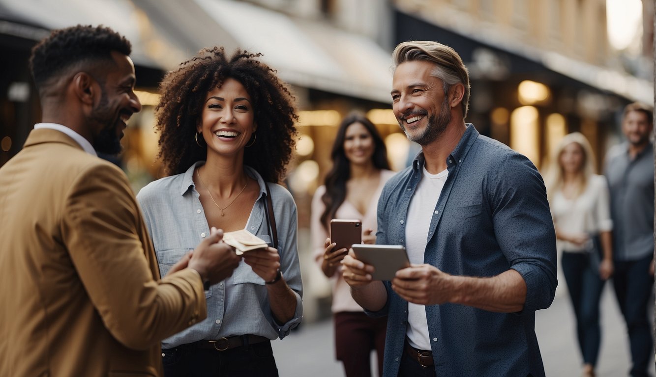 A group of business owners happily receiving cashback rewards for their purchases
