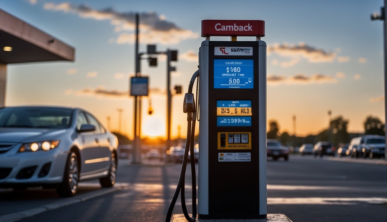 A gas pump with a digital display showing cashback savings. Surrounding area features cars, a convenience store, and a clear sky