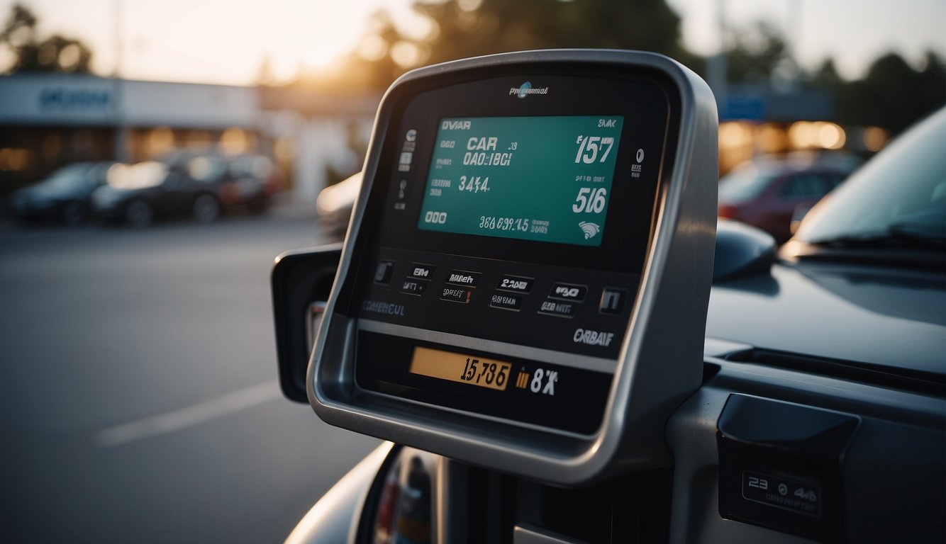 A car at a gas station with a cashback card being swiped at the pump, while a digital display shows the amount of cashback earned