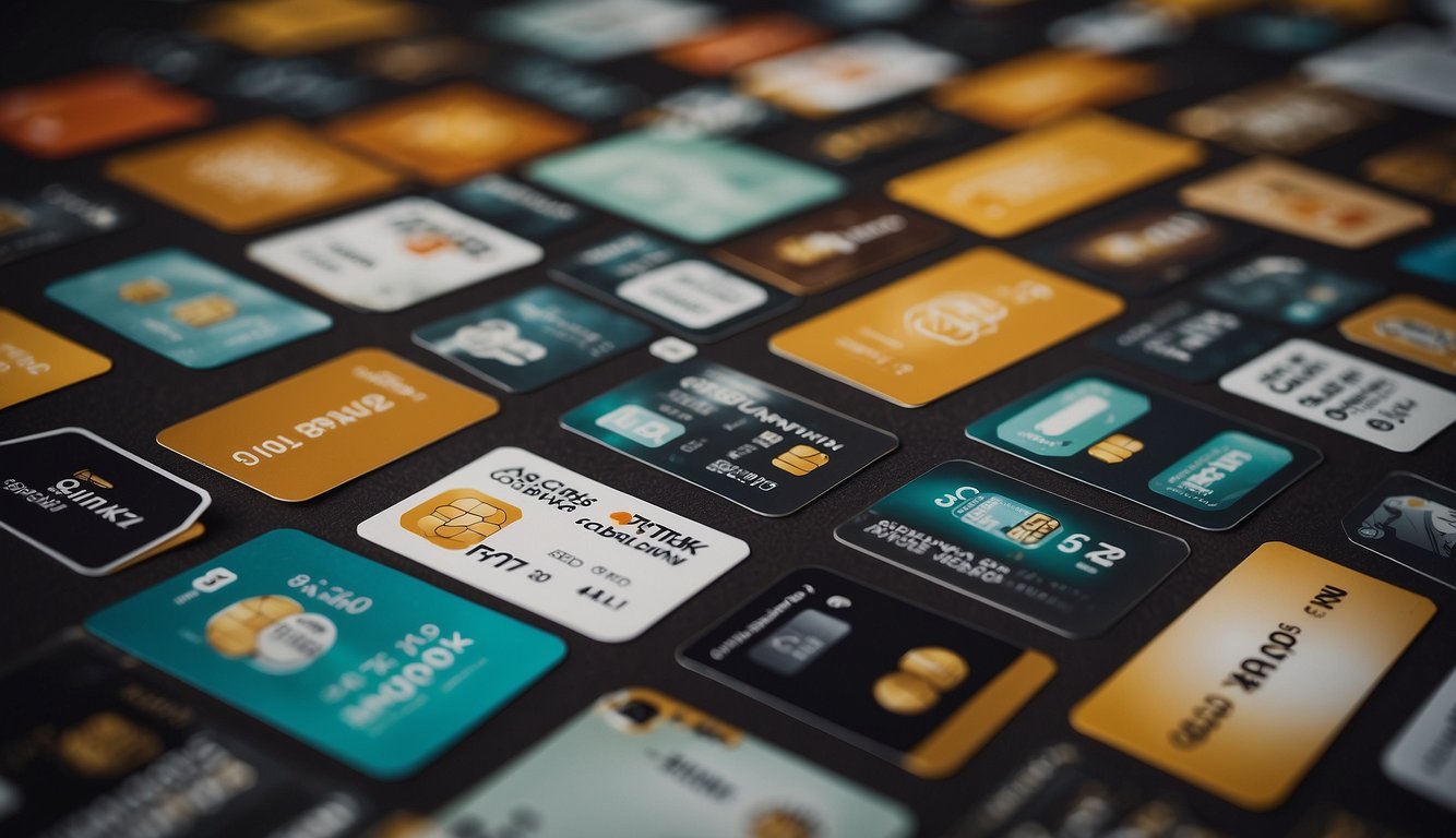 A stack of cashback rewards cards surrounded by various strategic symbols and arrows pointing towards them