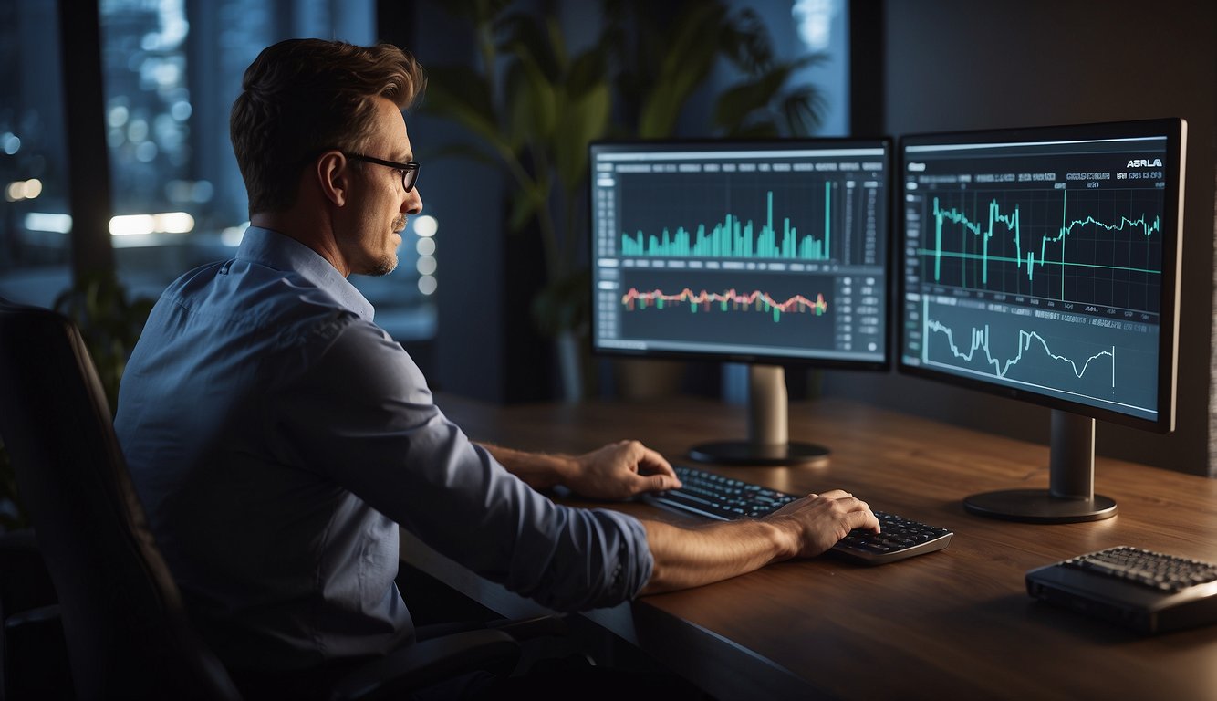 A person managing cashback earnings on a computer, with graphs and charts displayed on the screen