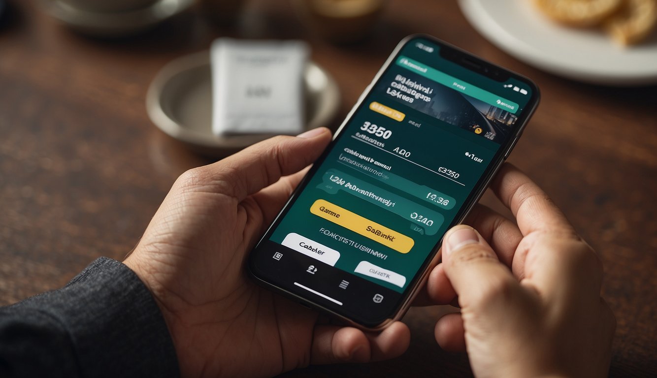 A hand holding a cashback card while a budgeting app and money management tools are displayed on a smartphone screen
