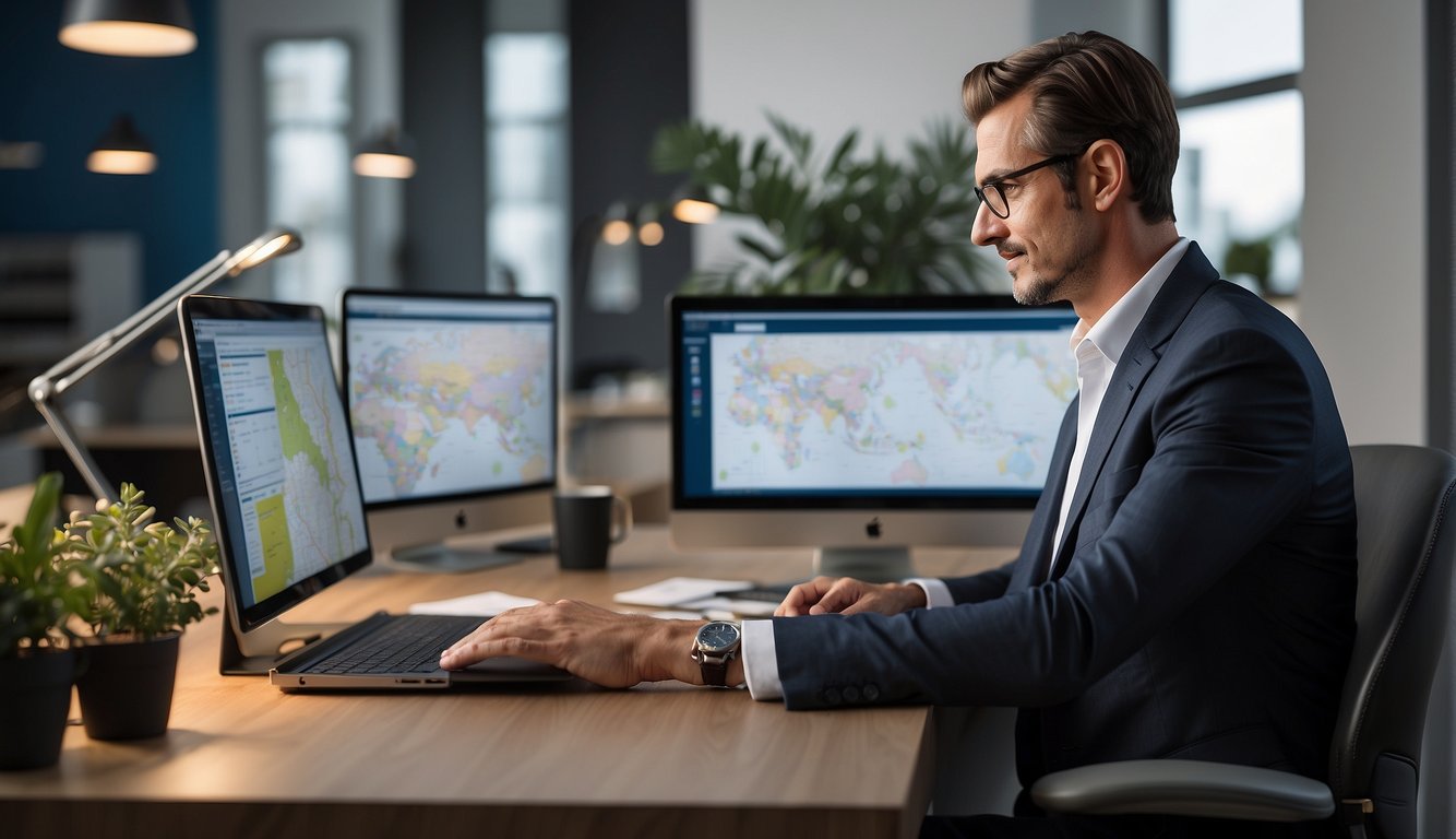 An agent at a desk, arranging travel plans with cashback offers displayed on a computer screen. Maps and brochures are spread out for reference