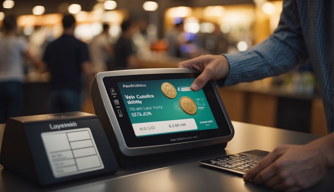A customer swiping a loyalty card at a cashback program kiosk, with coins and rewards appearing on the screen