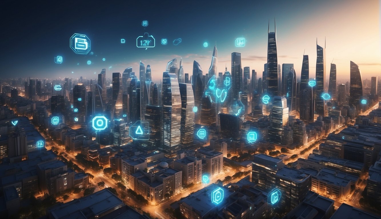 A futuristic cityscape with digital cashback symbols floating above buildings, representing the evolution and future trends of cashback