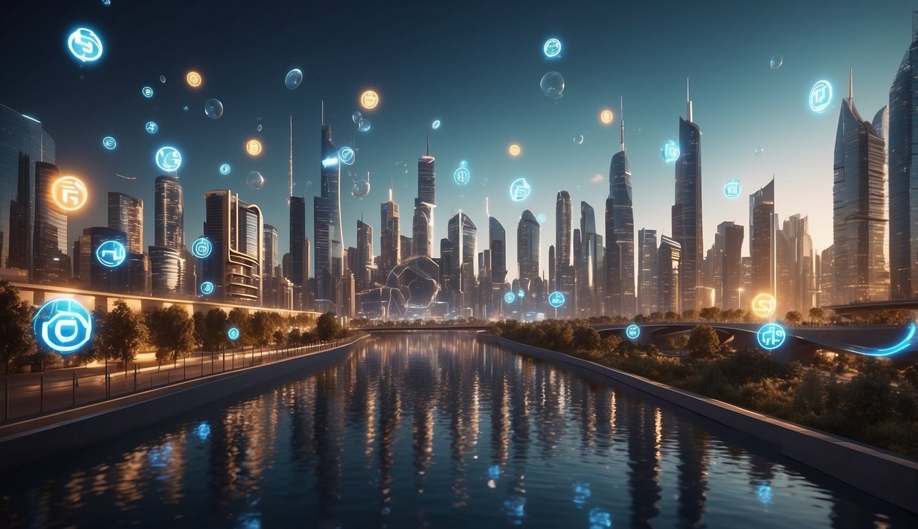 A futuristic cityscape with cashback symbols floating in the air, showcasing innovative cashback models and future trends